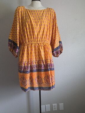J. Crew Women Saffron Yellow Paisley Block Print Dolman Sleeve Mini Dress Size L